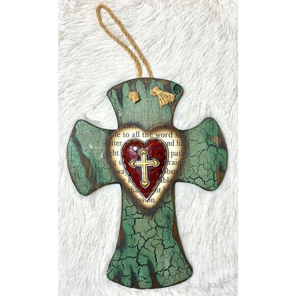 NWOT Montana West 3-D Crackled Green Scripture Heart Wall Cross - Picture 2 of 11